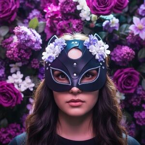 Handmade Floral & Rhinestones Faux Leather Cat Shaped Masquerade Mask